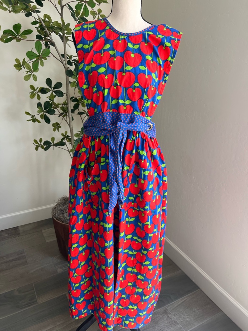 Vintage Design House Japan Red Cherry Pattern Apron Dress One Size